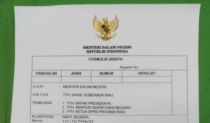 Mendagri Baru Kirim SK Penunjukan Plt Gubernur Riau