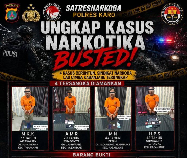 Satresnarkoba Polres Karo Bongkar 4 Kasus Narkotika Beruntun, Diduga Sindikat Narkoba Lau Cimba Terungkap