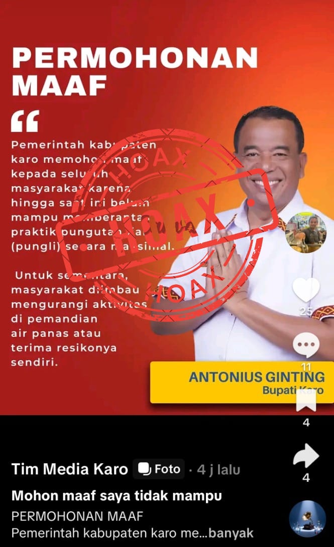 Pemkab Karo Tegaskan Unggahan Akun TikTok '@wordcup77' Terkait Imbauan Bupati Karo di Pemandian Air Panas Adalah Hoaks