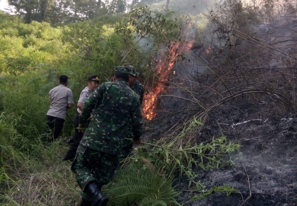 Karhutla: Bersama Warga, Koramil 06/MT dan Polsek Munthe Padamkan Api di Desa Gunung Saribu